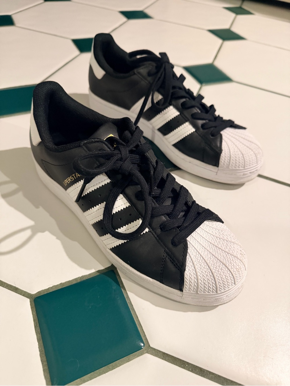 Adidas Superstar Leather Sneaker - Black White with Gold Tongue Logo - Picture 2 of 9